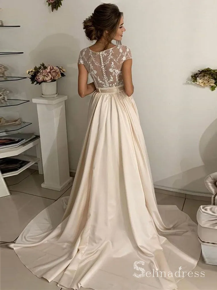 A-line Bateau Lace Long Prom Dresses Cap Sleeve Evening Gowns CBD580