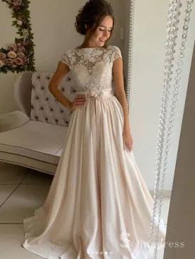 A-line Bateau Lace Long Prom Dresses Cap Sleeve Evening Gowns CBD580