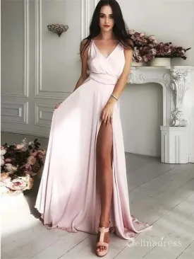 A-line Deep V neck Pink Long Prom Dresses Cheap Evening Dress CBD530