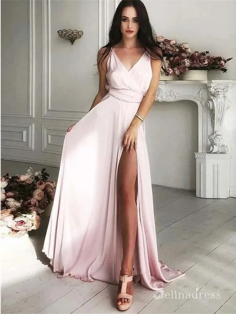 A-line Deep V neck Pink Long Prom Dresses Cheap Evening Dress CBD530