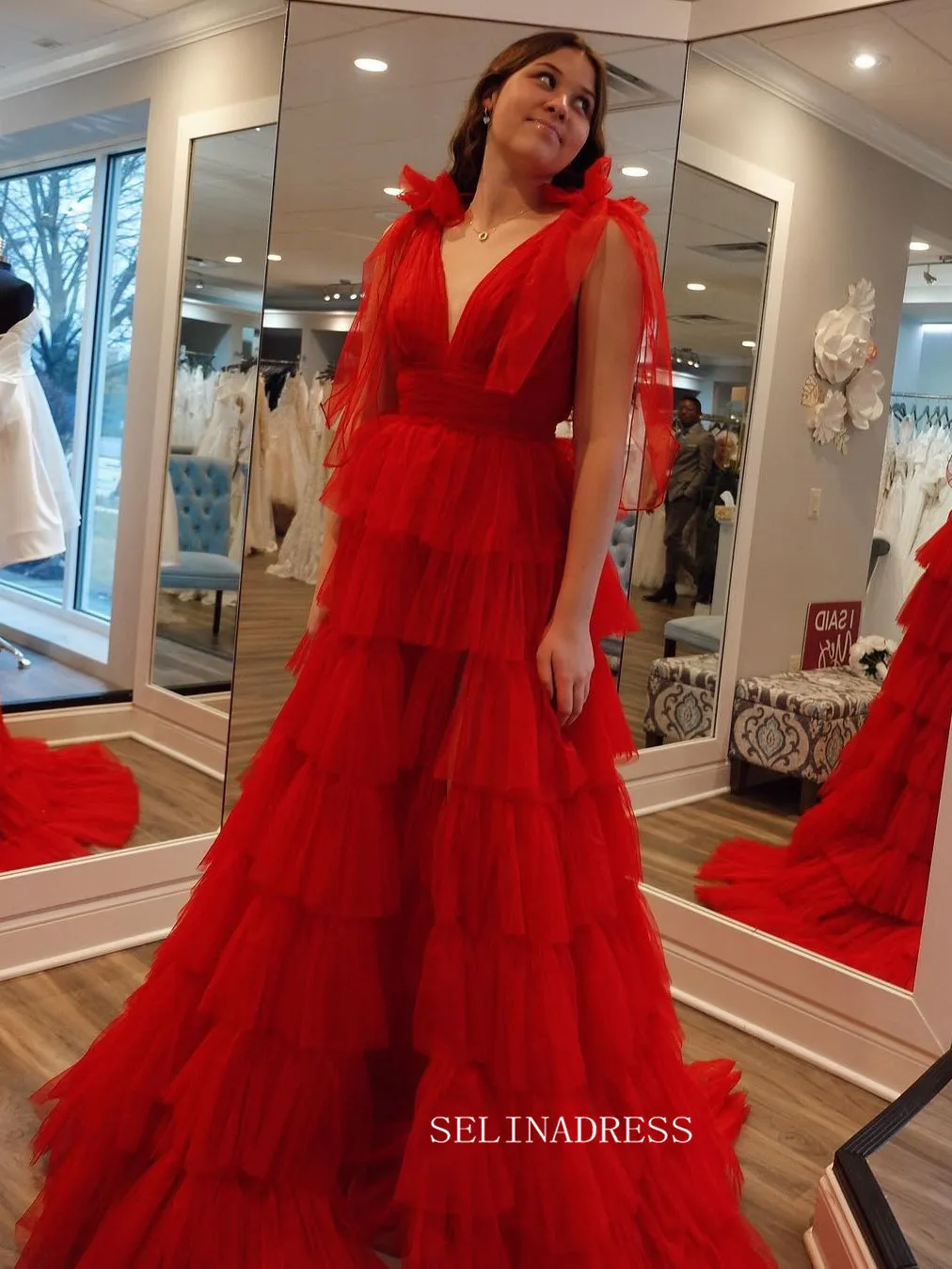 A-line Hot Pink Bow Tie Layers Straps Long Prom Dress with Slit lps030