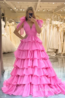 A-line Hot Pink Bow Tie Layers Straps Long Prom Dress with Slit lps030