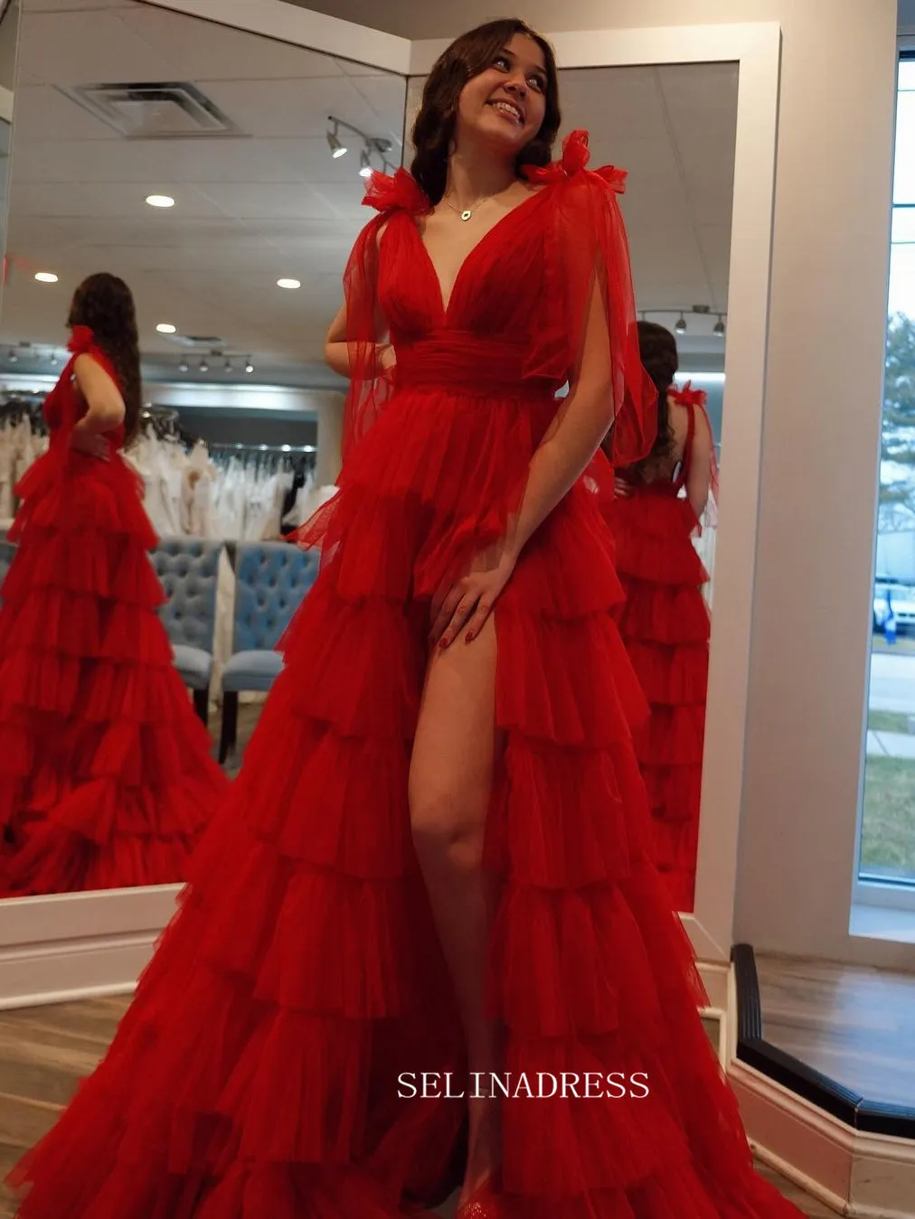 A-line Hot Pink Bow Tie Layers Straps Long Prom Dress with Slit lps030