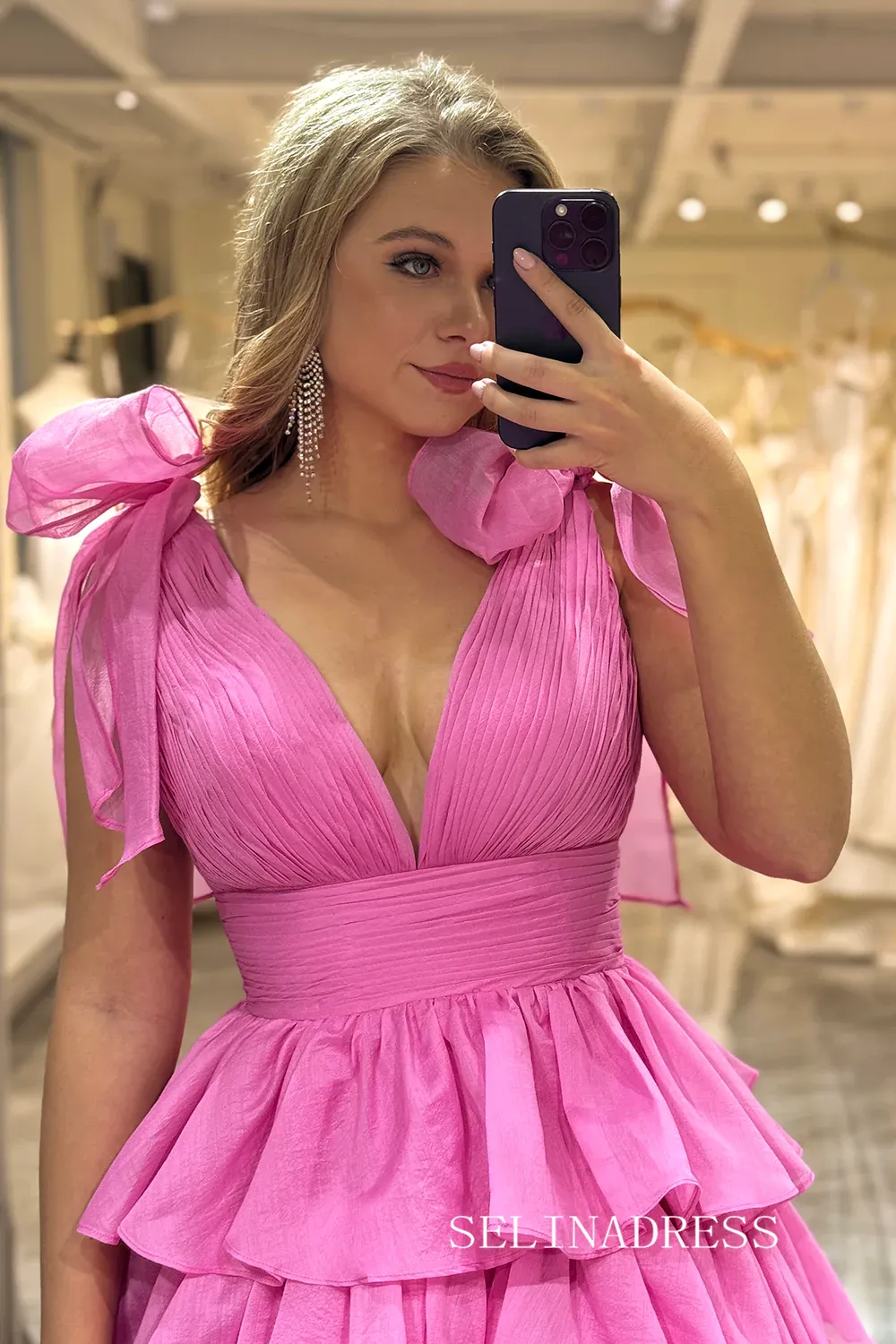 A-line Hot Pink Bow Tie Layers Straps Long Prom Dress with Slit lps030