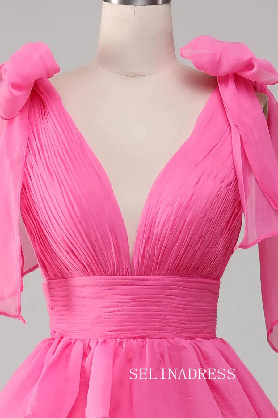 A-line Hot Pink Bow Tie Layers Straps Long Prom Dress with Slit lps030