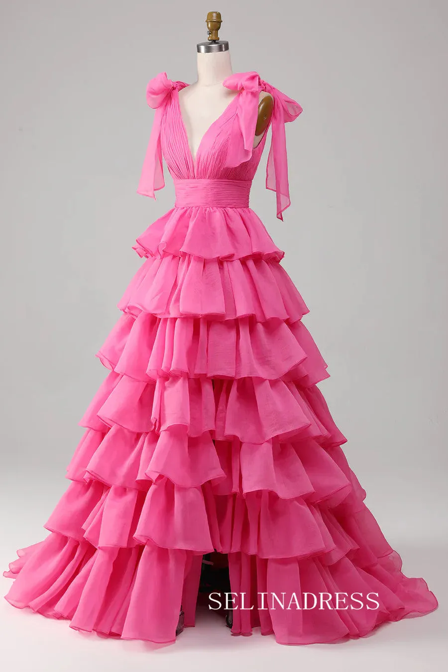 A-line Hot Pink Bow Tie Layers Straps Long Prom Dress with Slit lps030
