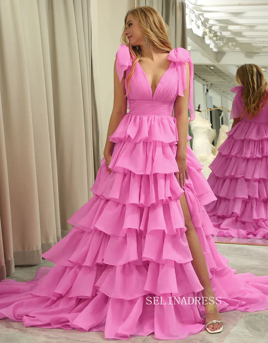 A-line Hot Pink Bow Tie Layers Straps Long Prom Dress with Slit lps030