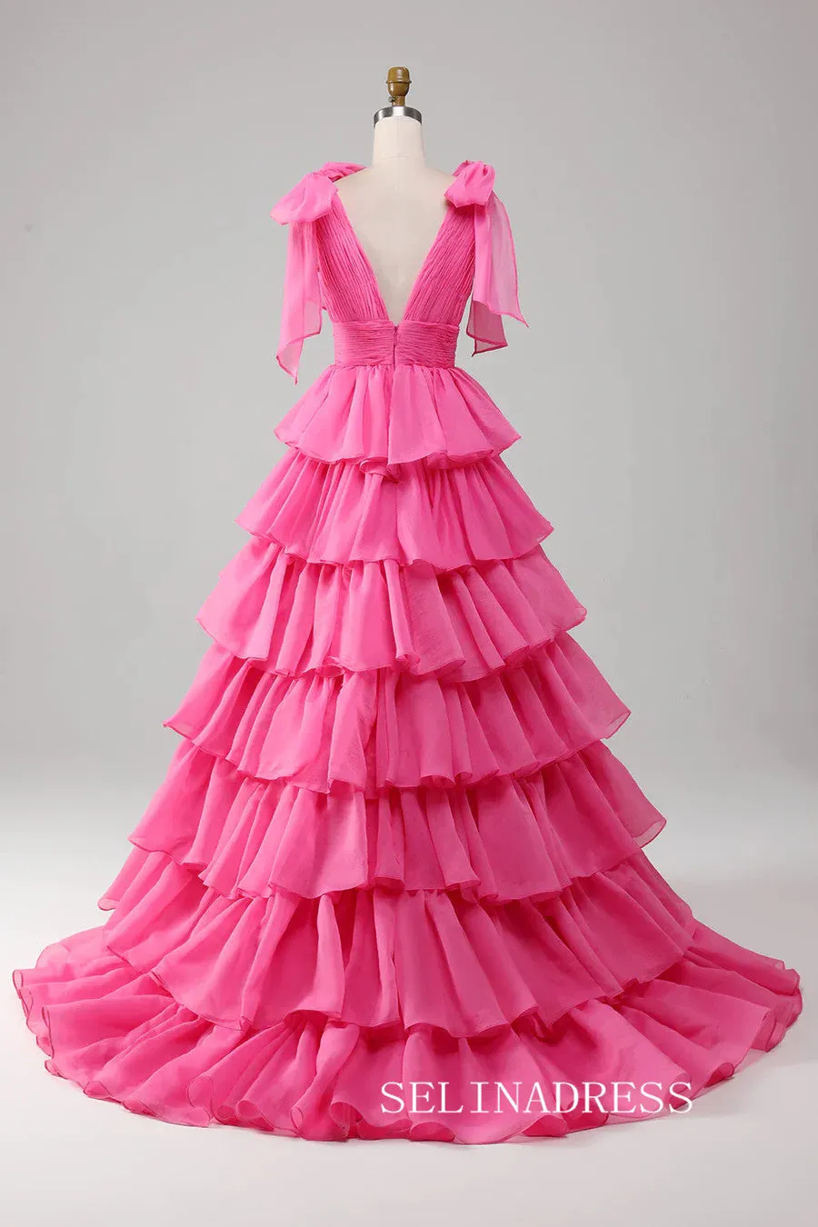 A-line Hot Pink Bow Tie Layers Straps Long Prom Dress with Slit lps030