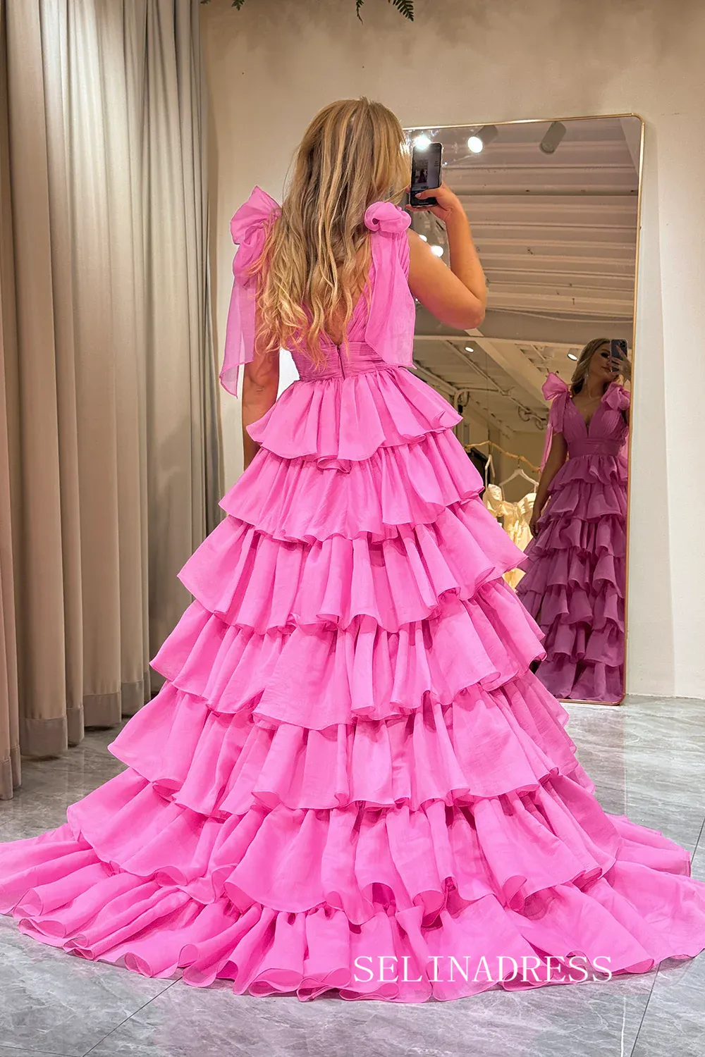 A-line Hot Pink Bow Tie Layers Straps Long Prom Dress with Slit lps030