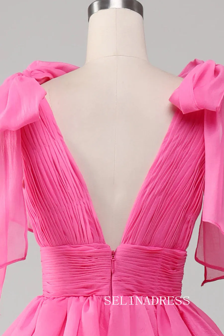 A-line Hot Pink Bow Tie Layers Straps Long Prom Dress with Slit lps030