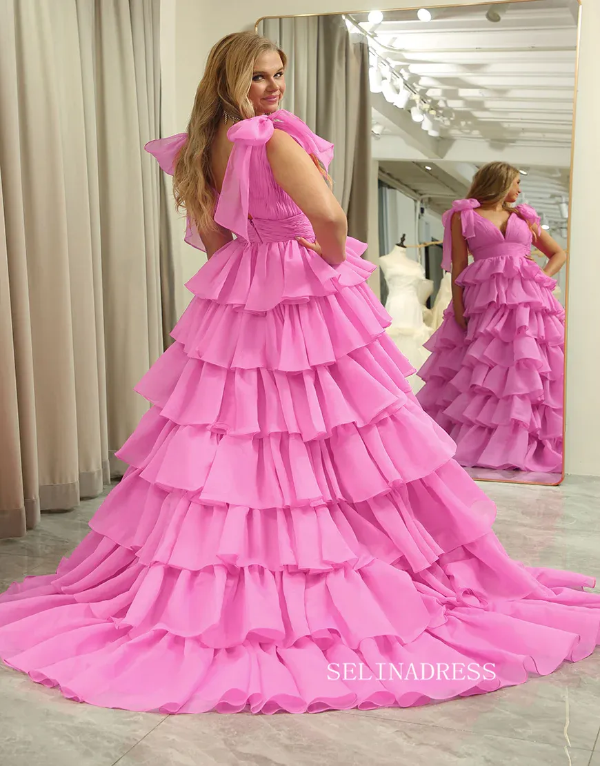 A-line Hot Pink Bow Tie Layers Straps Long Prom Dress with Slit lps030
