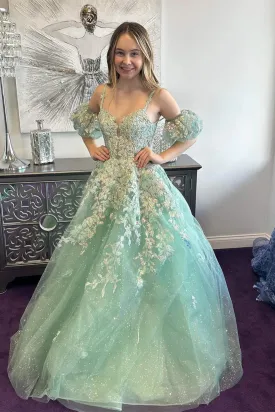 A-Line Plunge V Appliques Long Prom Dress with Detachable Sleeves sew1051
