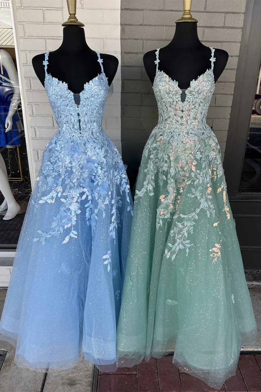 A-Line Plunge V Appliques Long Prom Dress with Detachable Sleeves sew1051