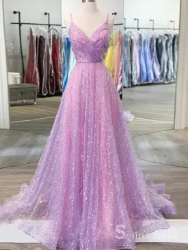 A-line Spaghetti Straps Lilac Prom Dresses Long Evening Gowns CBD545