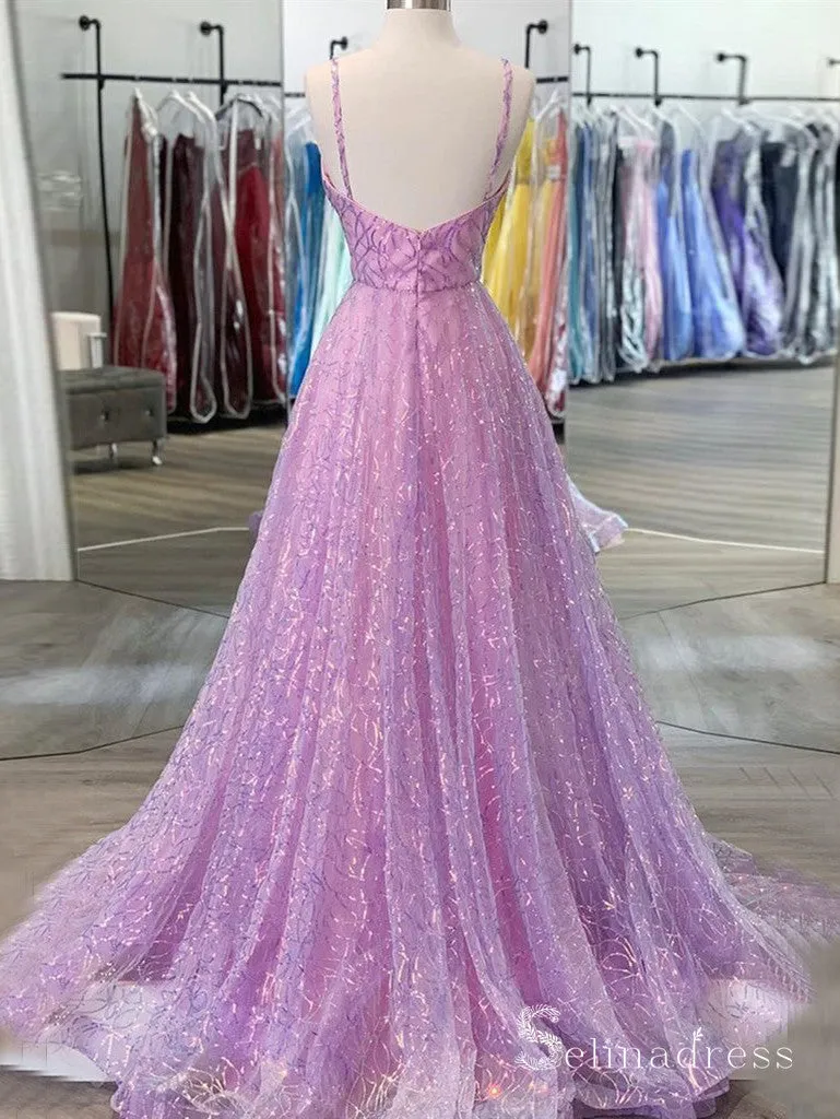 A-line Spaghetti Straps Lilac Prom Dresses Long Evening Gowns CBD545