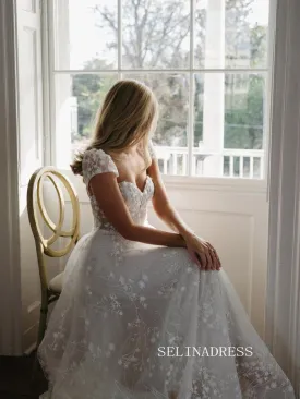 A-line Sweetheart Applique Lace Wedding Dresses Short Sleeve Rustic Wedding Gowns kop132