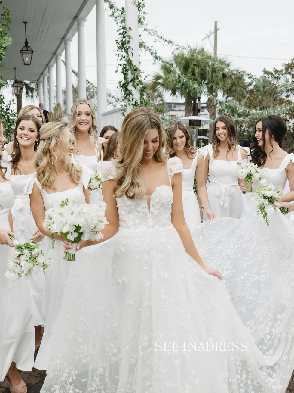 A-line Sweetheart Applique Lace Wedding Dresses Short Sleeve Rustic Wedding Gowns kop132