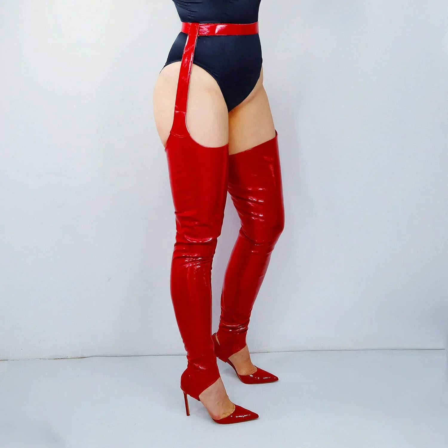 DooWay Women's Sexy Stirrup Leg Warmers Faux Leather high Boot Socks with Garter Belts