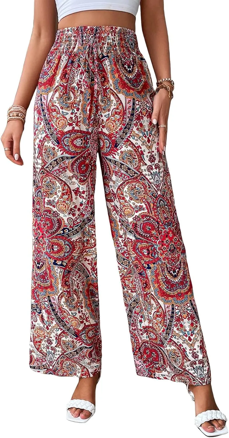 Floerns Women's Leopard Print Straight Leg Pants Loose Drawstring Waist Trousers