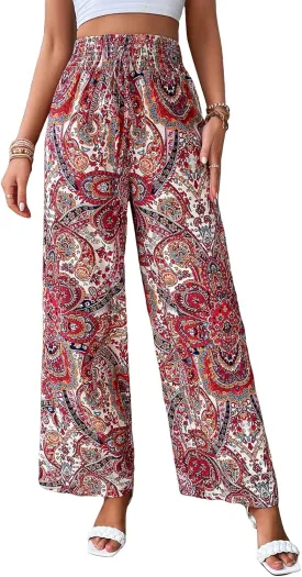 Floerns Women's Leopard Print Straight Leg Pants Loose Drawstring Waist Trousers
