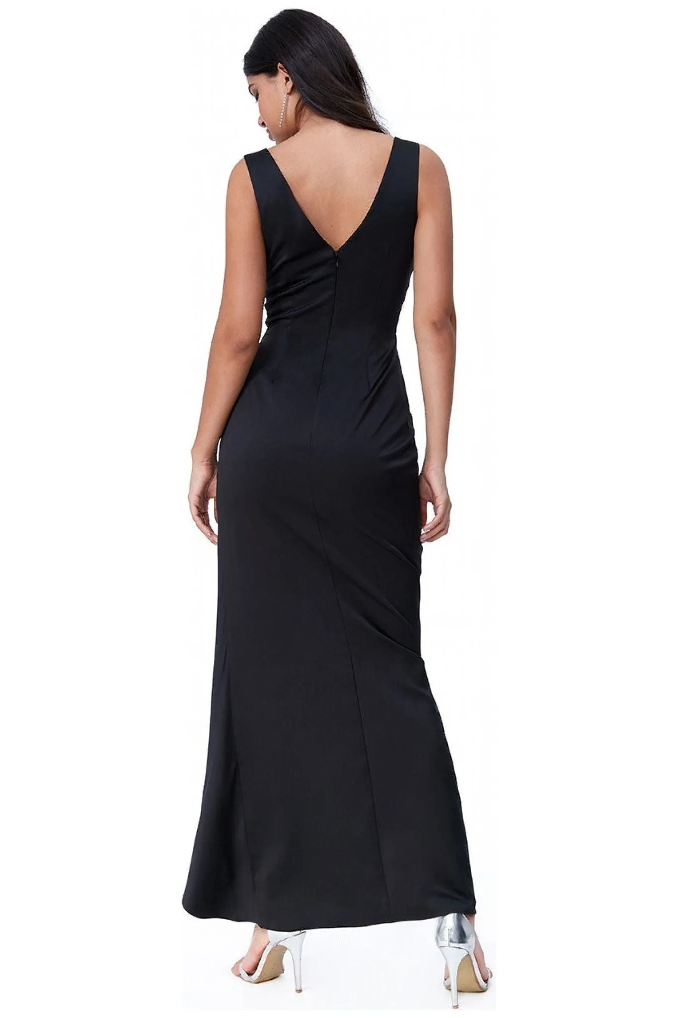Goddiva Waterfall Satin Maxi Dress  - Black