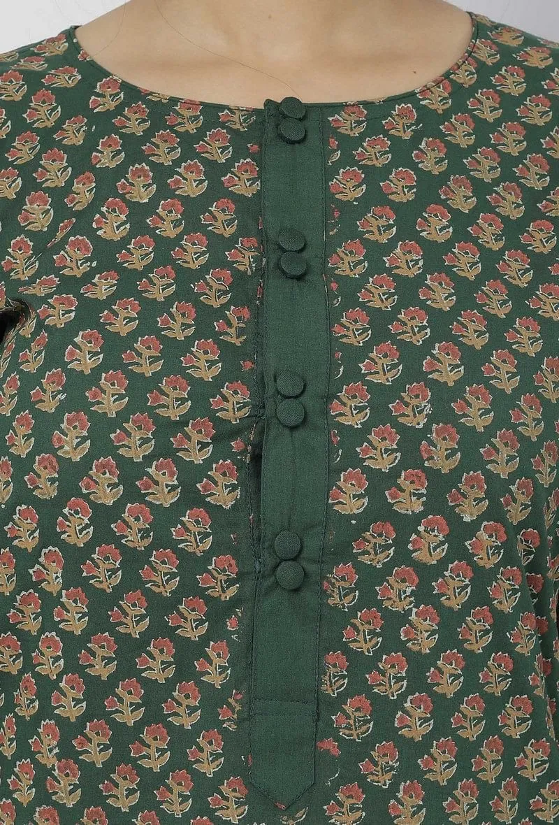 Irvin Bottle Green Floral Hand-Block Printed Cotton Short Kurta