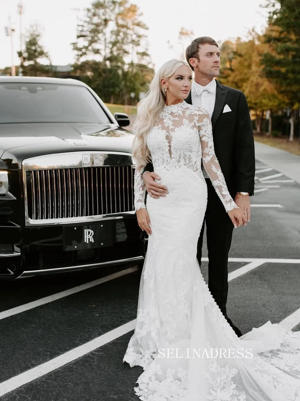 Mermaid High Neck Lace Wedding Dresses Cathedral Train Rustic Wedding Gowns kop130