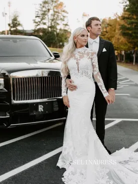 Mermaid High Neck Lace Wedding Dresses Cathedral Train Rustic Wedding Gowns kop130