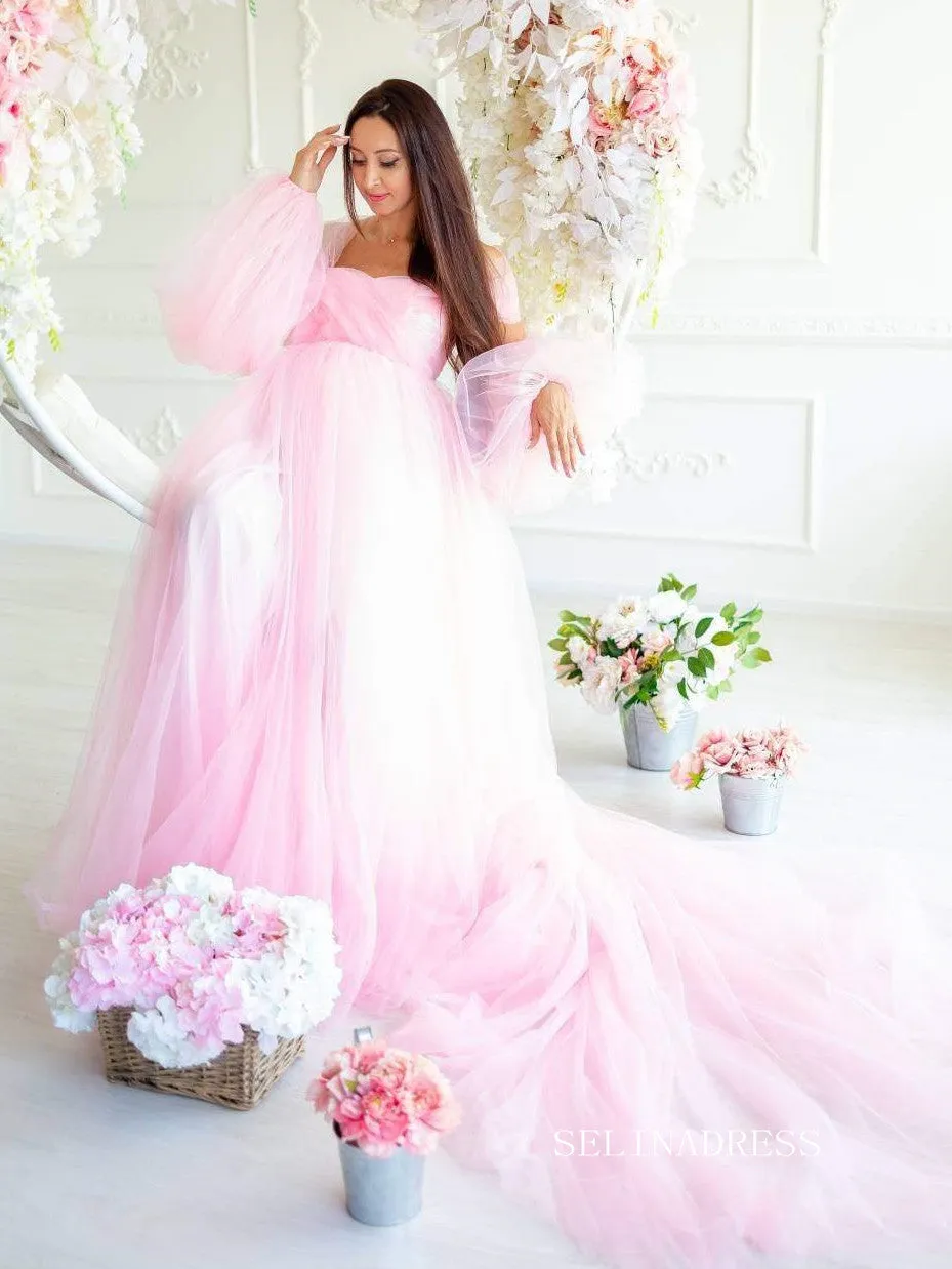Pink Maternity Dress Tulle Long Train Long Sleeve Prom Dresses Cheap Evening Dresses #LPO001